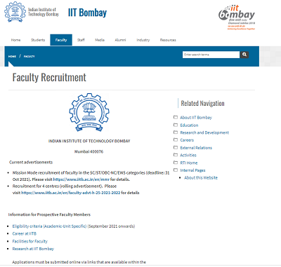 IIT Bombay Assistant Professor Recruitment 2021