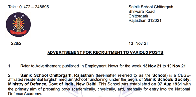 Sainik School Recruitment 2021: Check Eligibility , Pay Scale & Last Date..